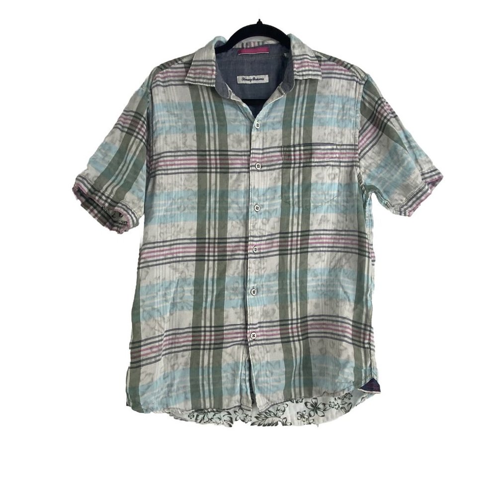 Tommy Bahama Men's Hawaiian Shirt Floral Plaid Cotton Gray Blue Purple Small EUC
